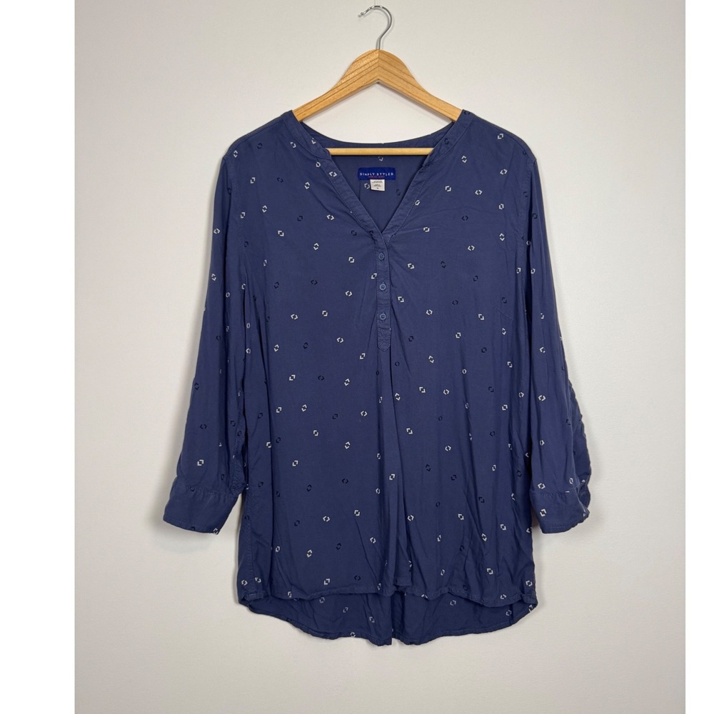 Minimalist Boho Simply Styled Geometric Henley Tunic Blouse Women XL Navy Blue